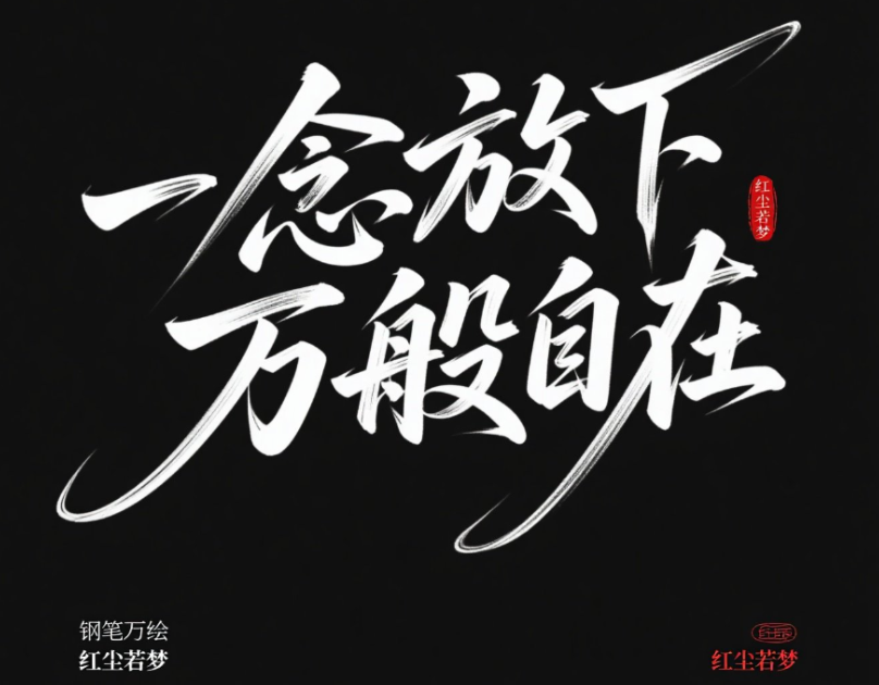 纯黑背景中心呈现“一念放下，万般自在”...