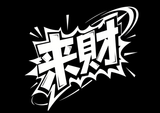 黑底白字，艺术字体“来财”，动态爆炸风...