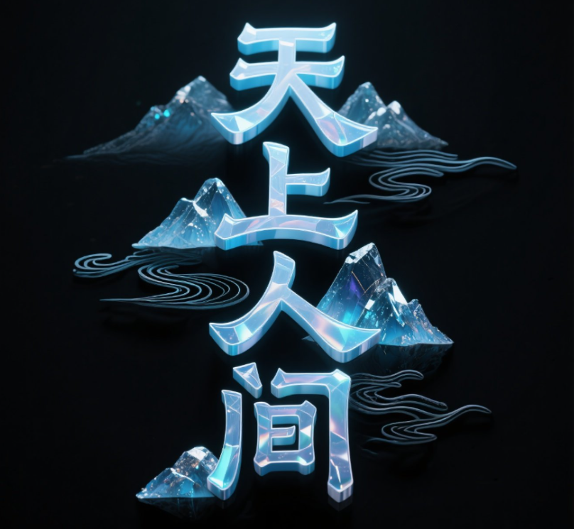 纯黑背景中央呈现立体透光文字‘天上人间...