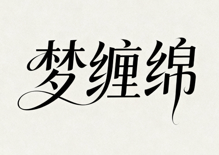 艺术字体“梦缠绵”三个汉字，字体设计风...