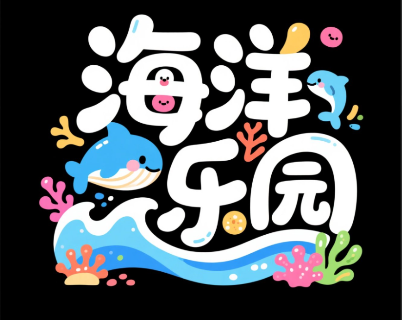以海洋乐园为主题的艺术字，字体呈现萌...