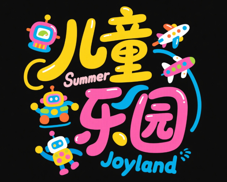 纯黑背景,字体设计“儿童乐园”富有创意，...