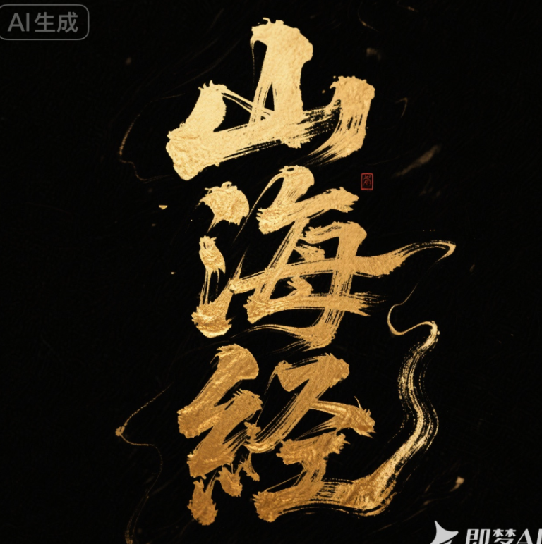 书法字“山海经”，竖排，金色质感，纯黑...