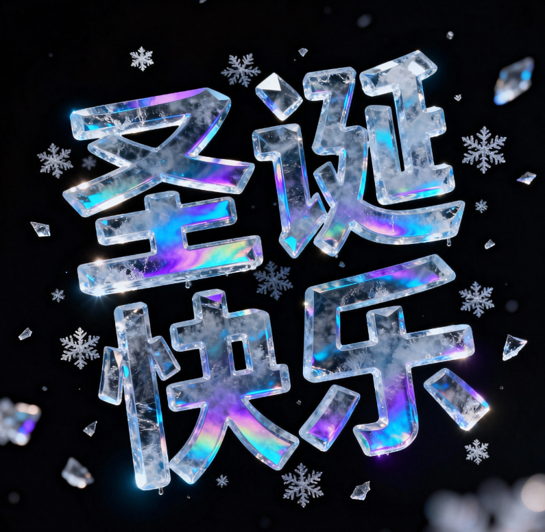 “圣诞快乐”冰晶字体，透明质感，像冰雕...
