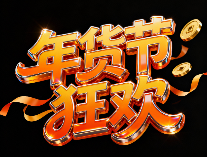 纯黑背景，电商促销主题海报，主体为“年...
