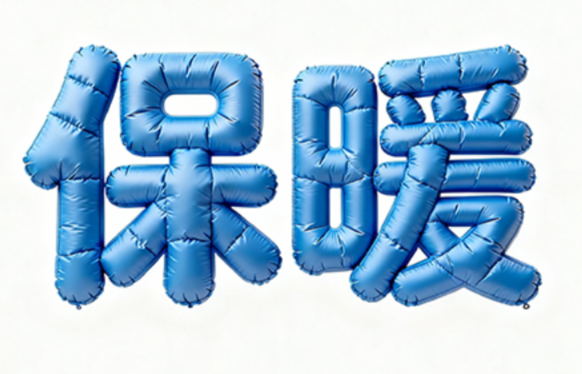 中心对称的立体字“保暖”，笔画圆润，充...