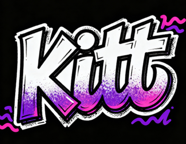 纯黑色背景，手绘涂鸦艺术字体“kitt”，...