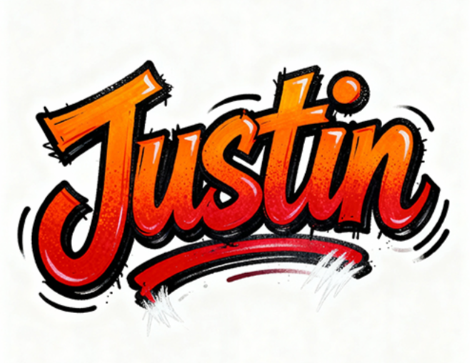 纯白色背景，手绘涂鸦艺术字体“Justin”...