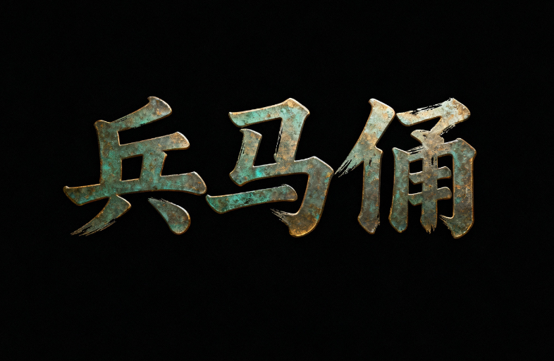 黑色干净背景，青铜器金属质感文字“兵马...