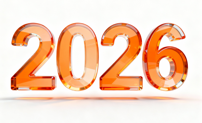 数字海报“2026”，立体空间。橙色半透明...