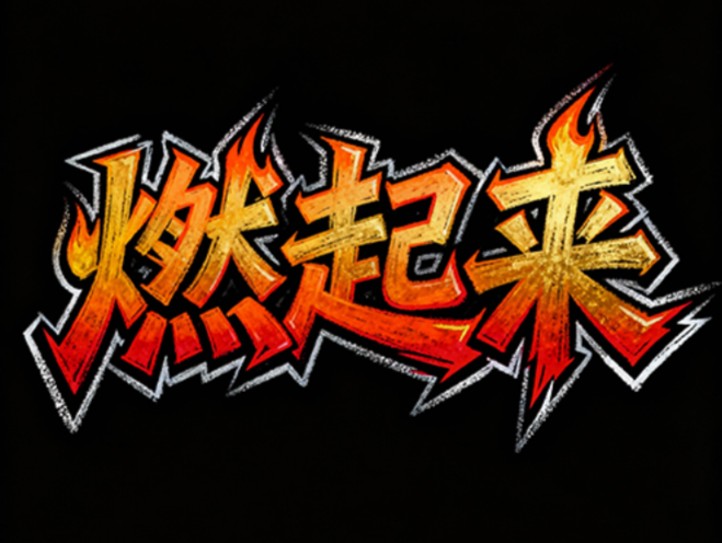 纯黑色背景，手绘涂鸦艺术字体“燃起来”...