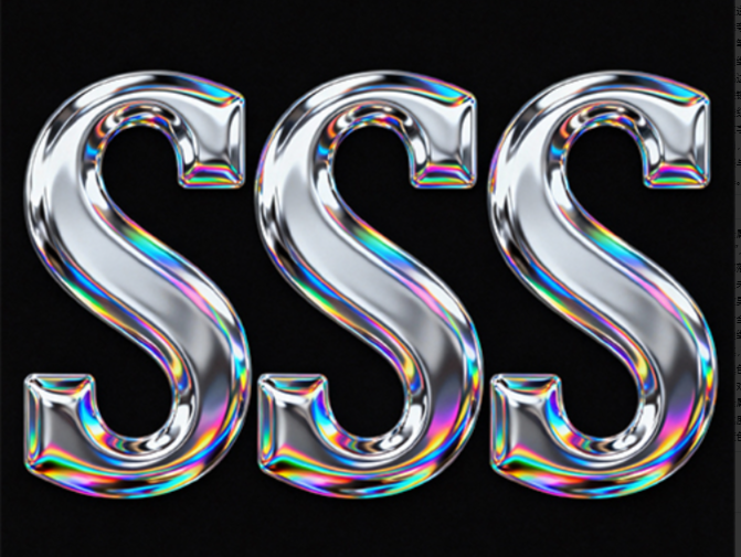 在镭射银的纯色背景前，“SSS”以液态金属...