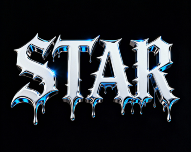 高亮金属特效文字：“STAR”，采用锐利、...