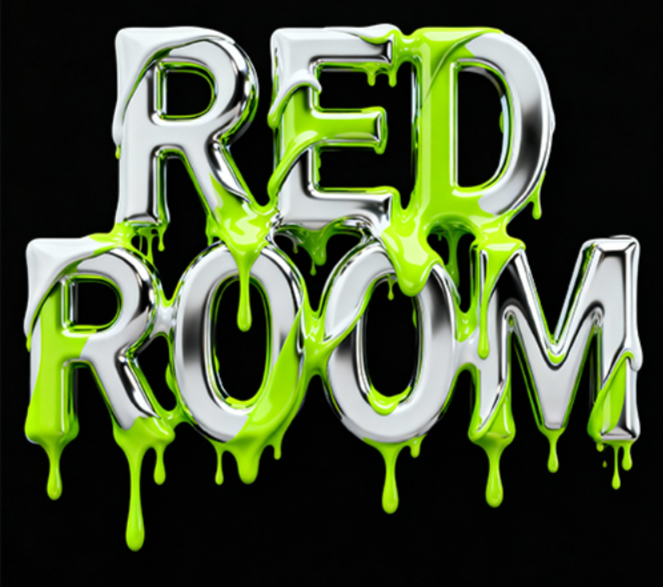 "RED ROOM"主题海报，采用荧光绿与白色...