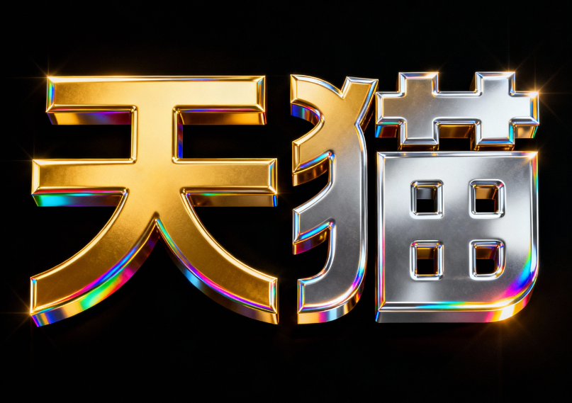 SY,SY,“天猫” 字体是金色和银色相间的金...