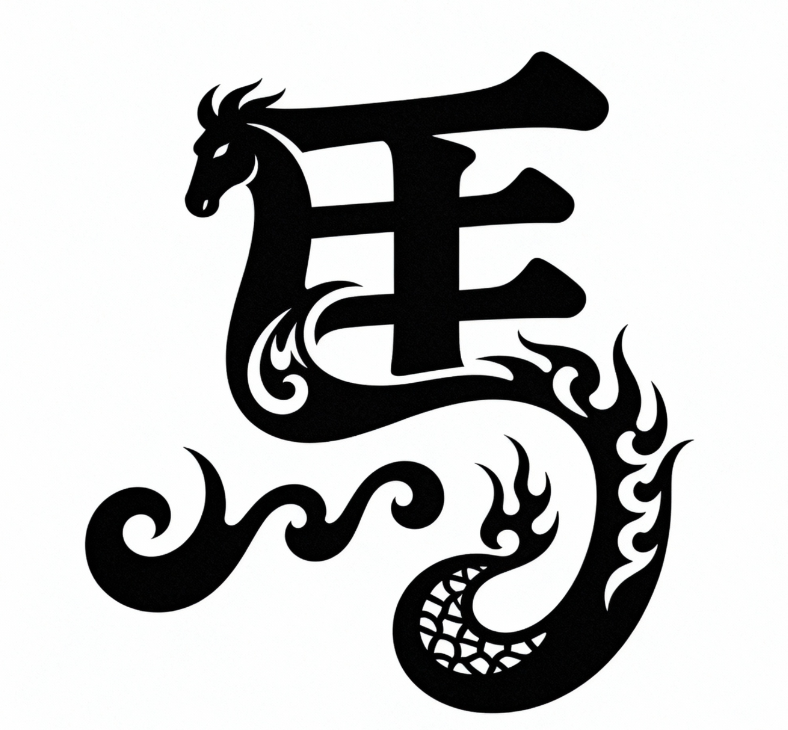 Yuecai,“馬”字设计,笔画扭曲变形,融入火...