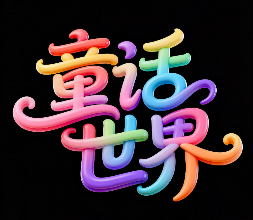 文字 “童话世界” 字体活泼,带着童话感,...