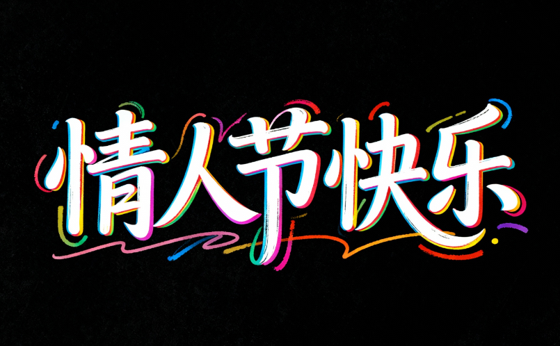 黑色背景下，“情人节快乐” 创意字体 以...