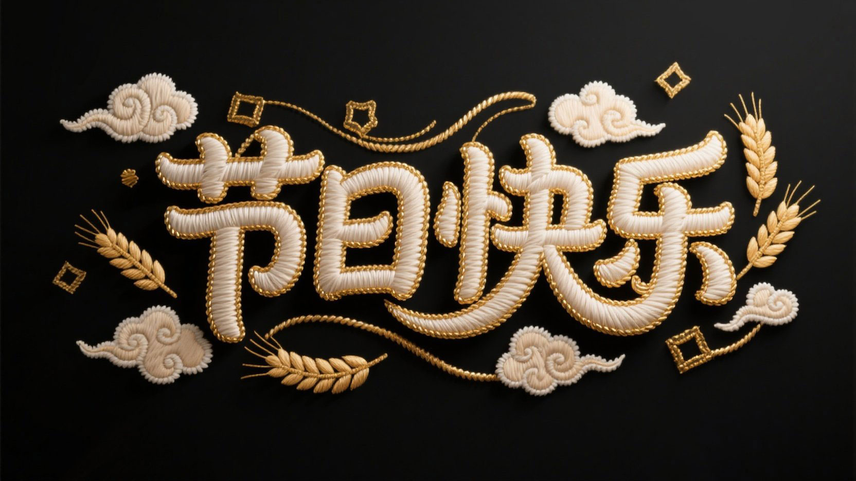 黑色背景，字体设计“节日快乐”，立体刺...