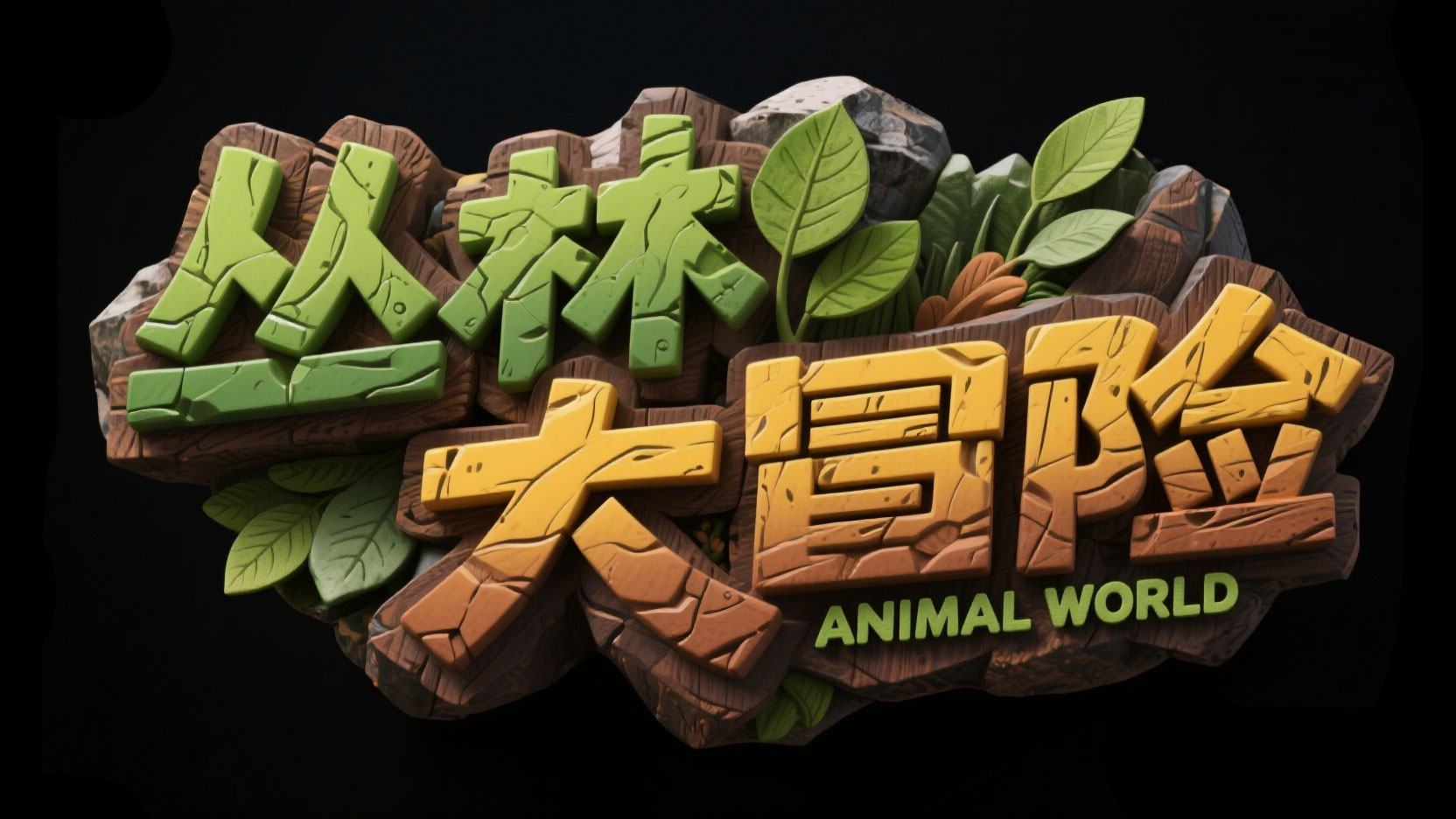 创作一个童趣冒险丛林浮雕风艺术字“丛林...