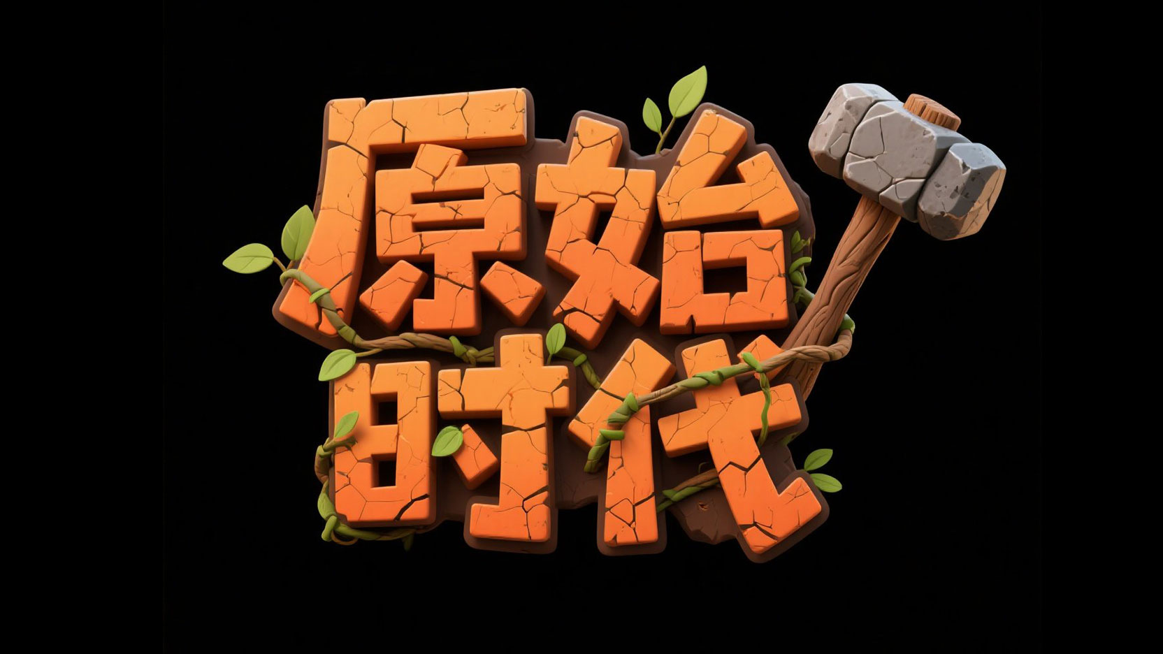 黑色背景，卡通立体冒险标题设计“原始时...