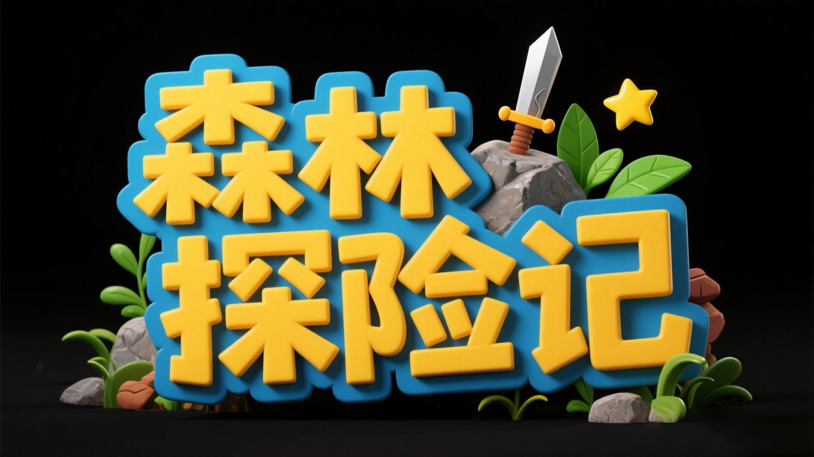 字体设计“森林探险记” 。文字颜色为黄色...