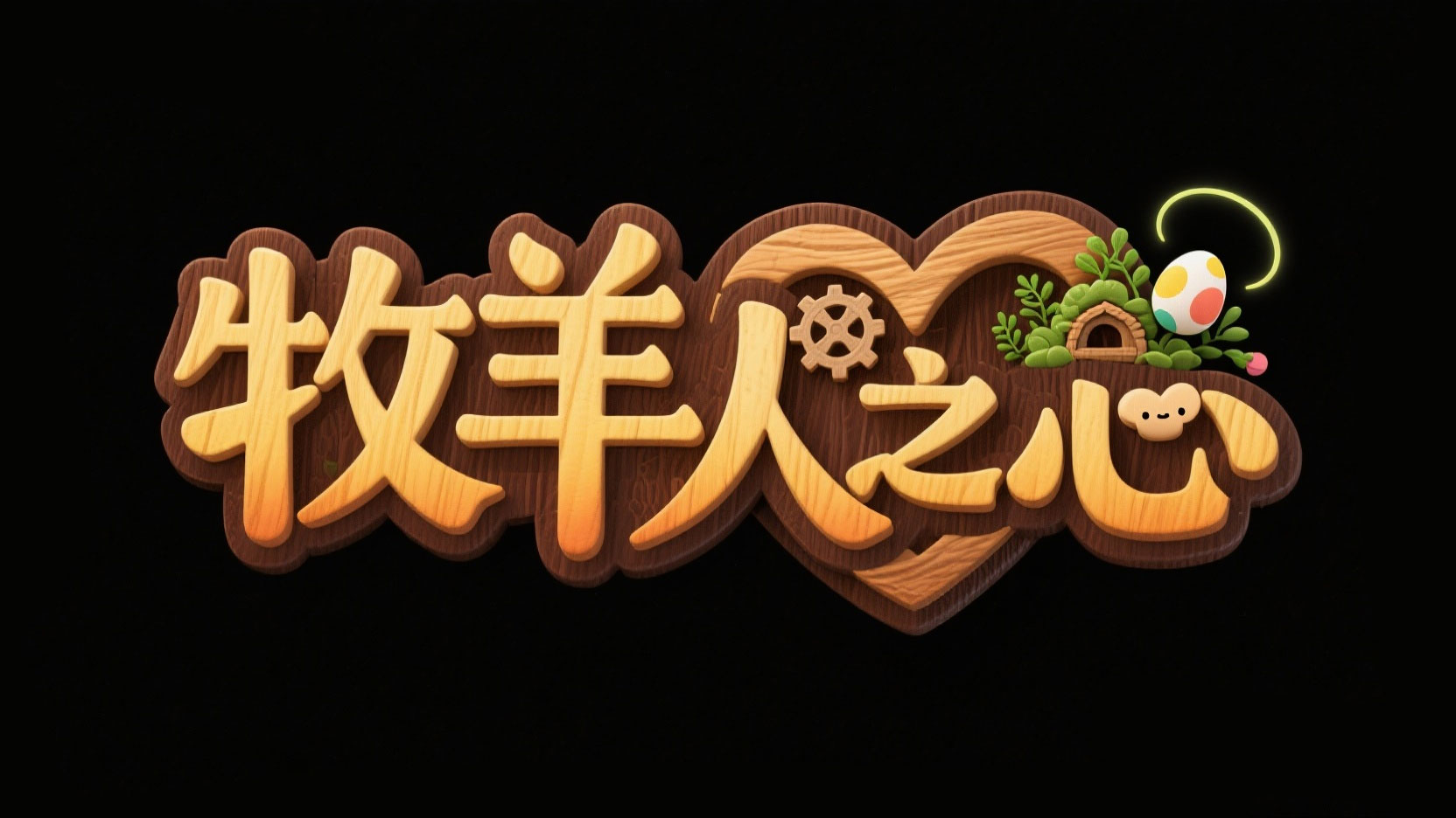 创作一个奇幻萌系木质浮雕风艺术字“牧羊...